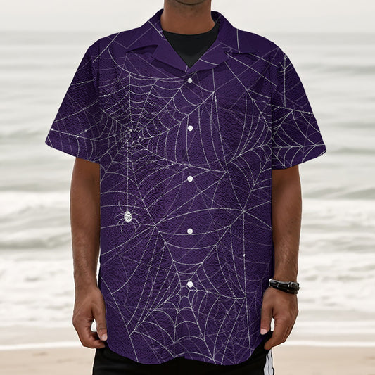Purple Spider Web Pattern Print Textured Short Sleeve Shirt