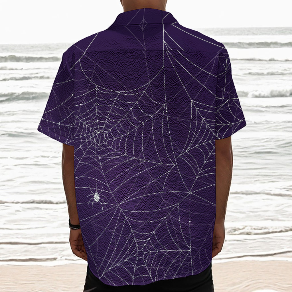 Purple Spider Web Pattern Print Textured Short Sleeve Shirt