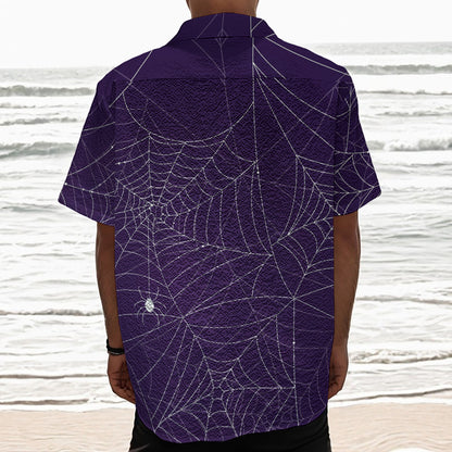 Purple Spider Web Pattern Print Textured Short Sleeve Shirt