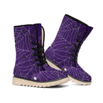 Purple Spider Web Pattern Print Winter Boots