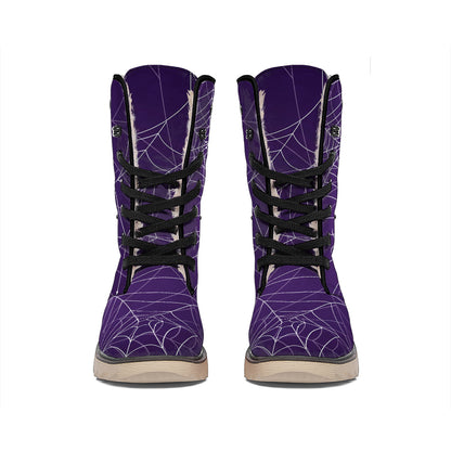 Purple Spider Web Pattern Print Winter Boots