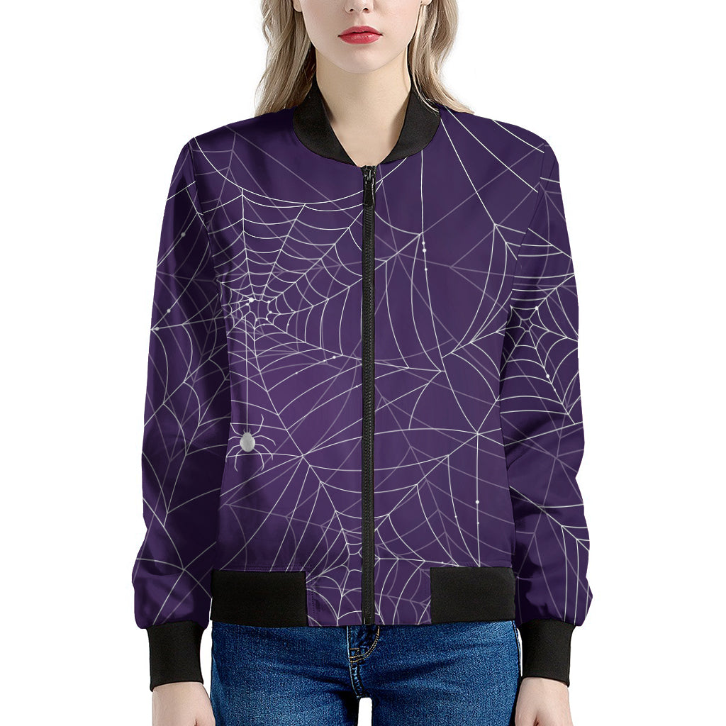 Purple Spider Web Pattern Print Women's Bomber Jacket