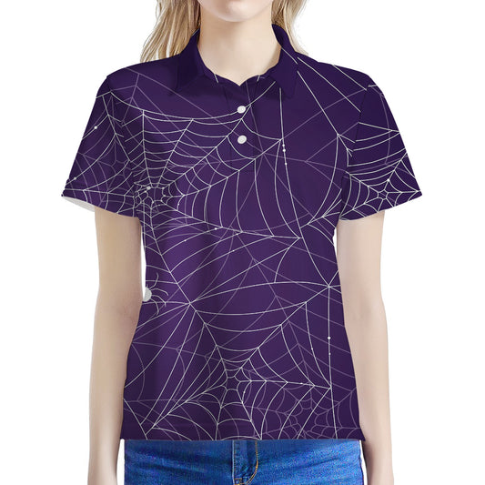 Purple Spider Web Pattern Print Women's Polo Shirt