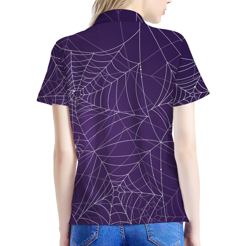 Purple Spider Web Pattern Print Women's Polo Shirt