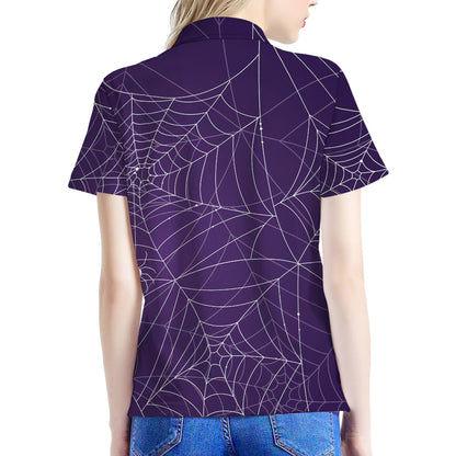 Purple Spider Web Pattern Print Women's Polo Shirt