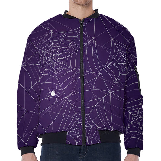 Purple Spider Web Pattern Print Zip Sleeve Bomber Jacket