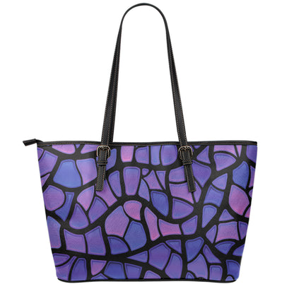 Purple Stained Glass Mosaic Print Leather Tote Bag