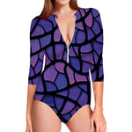 Purple Stained Glass Mosaic Print Long Sleeve Swimsuit
