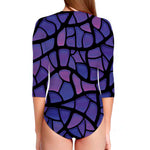 Purple Stained Glass Mosaic Print Long Sleeve Swimsuit