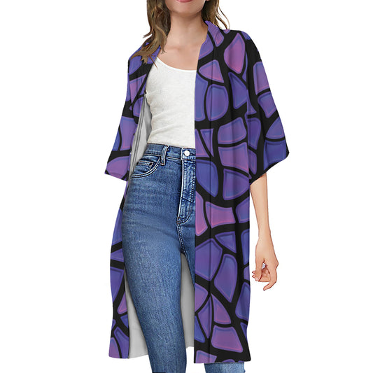 Purple Stained Glass Mosaic Print Open Front Beach Cover Up