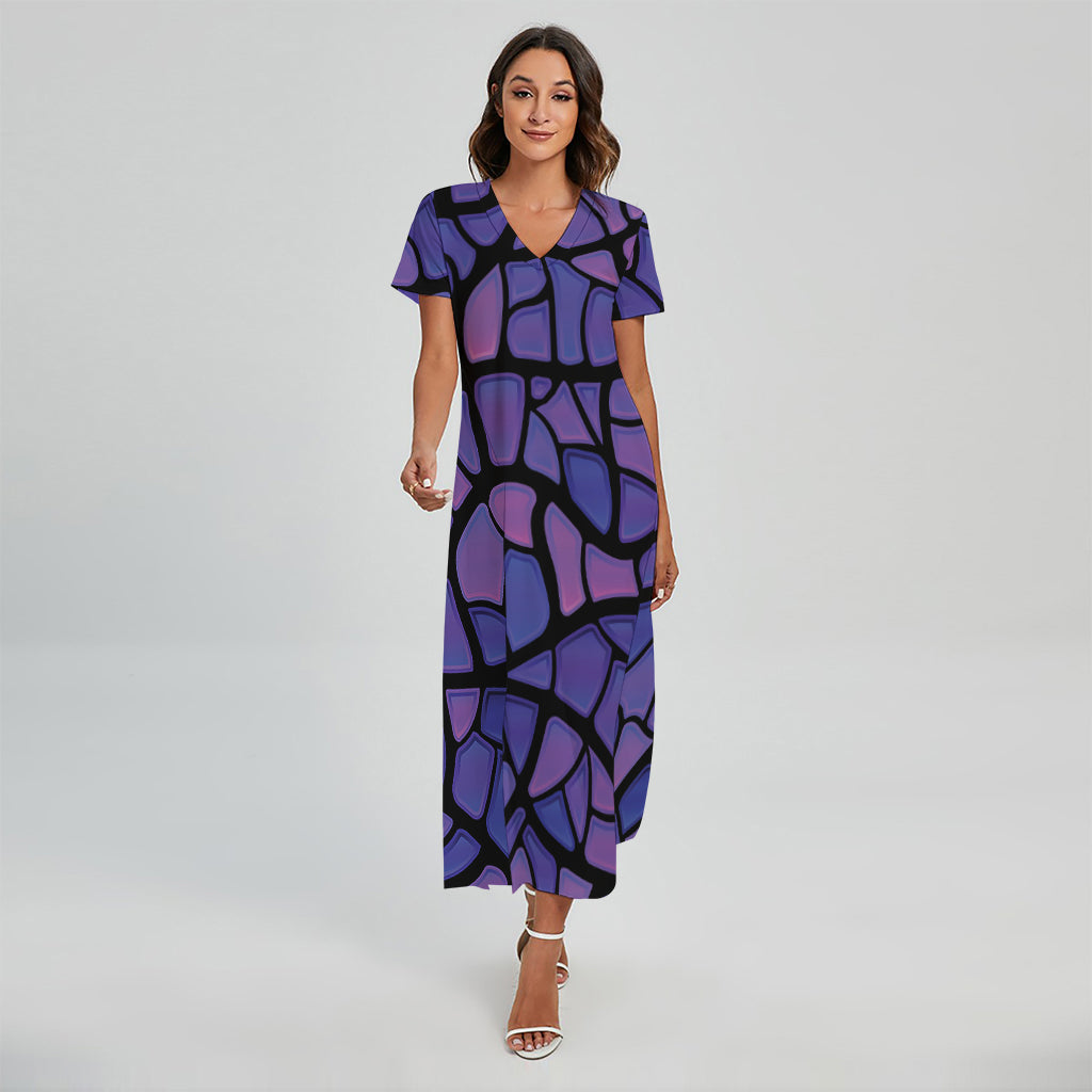 Purple Stained Glass Mosaic Print Short Sleeve Maxi Dress