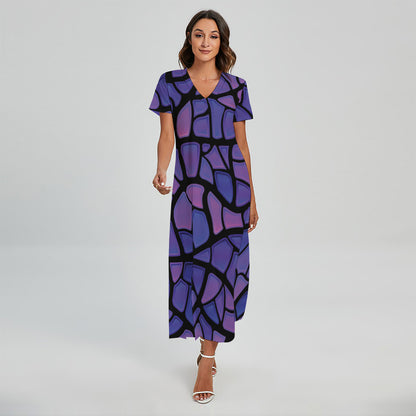 Purple Stained Glass Mosaic Print Short Sleeve Maxi Dress
