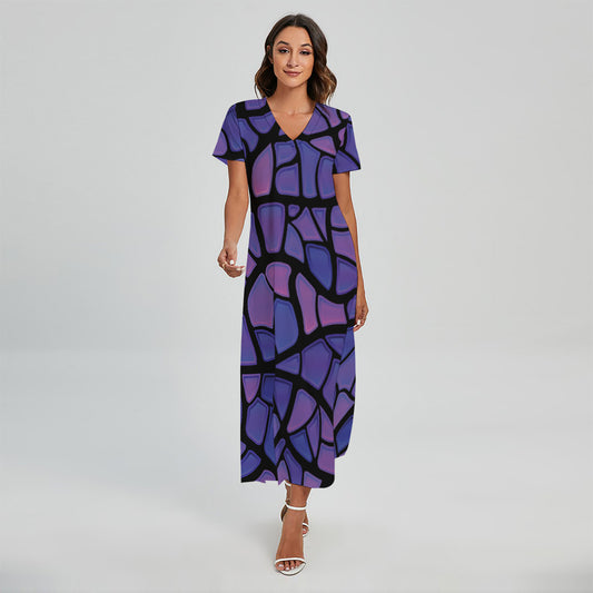 Purple Stained Glass Mosaic Print Short Sleeve Maxi Dress