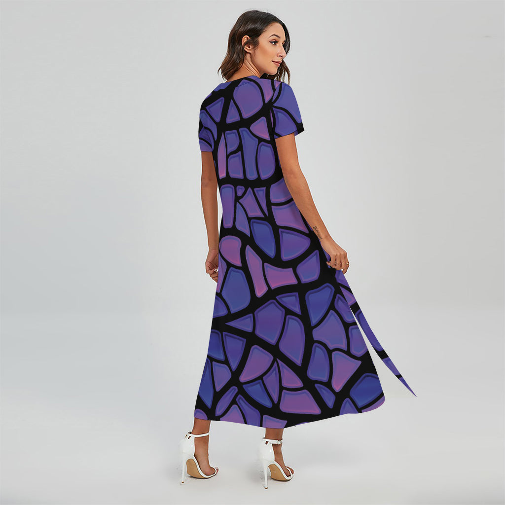 Purple Stained Glass Mosaic Print Short Sleeve Maxi Dress