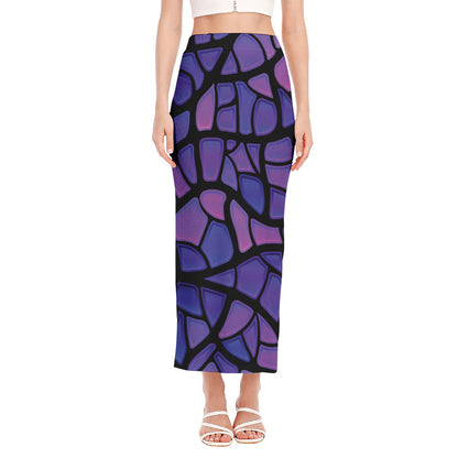 Purple Stained Glass Mosaic Print Side Slit Maxi Skirt