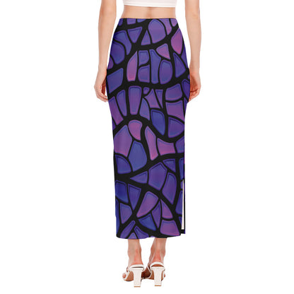 Purple Stained Glass Mosaic Print Side Slit Maxi Skirt
