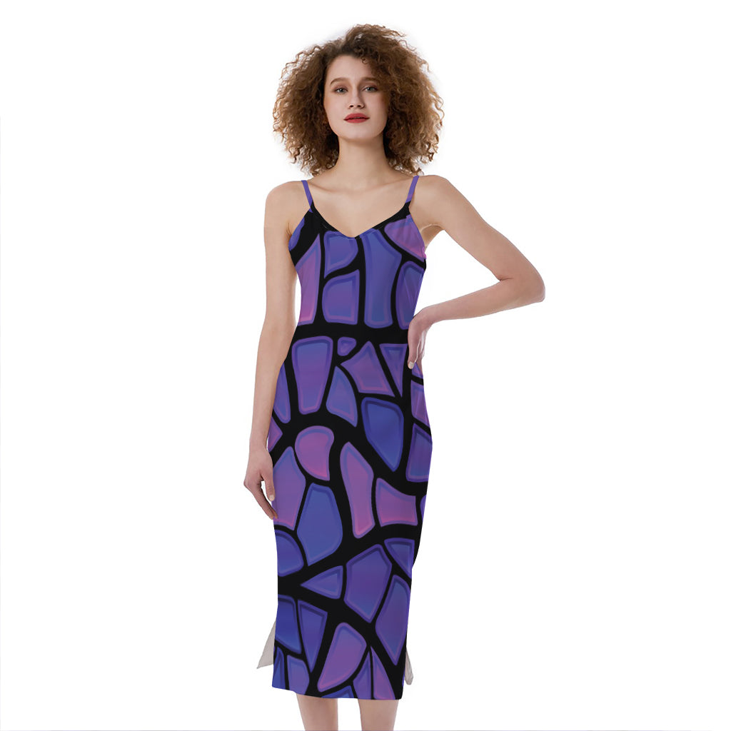 Purple Stained Glass Mosaic Print Slim Fit Midi Cami Dress