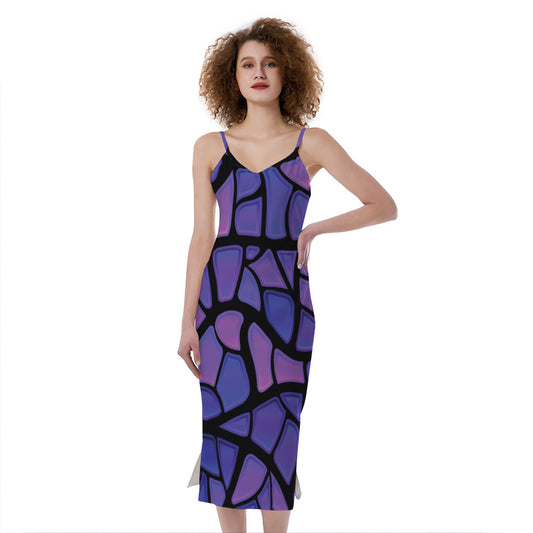 Purple Stained Glass Mosaic Print Slim Fit Midi Cami Dress