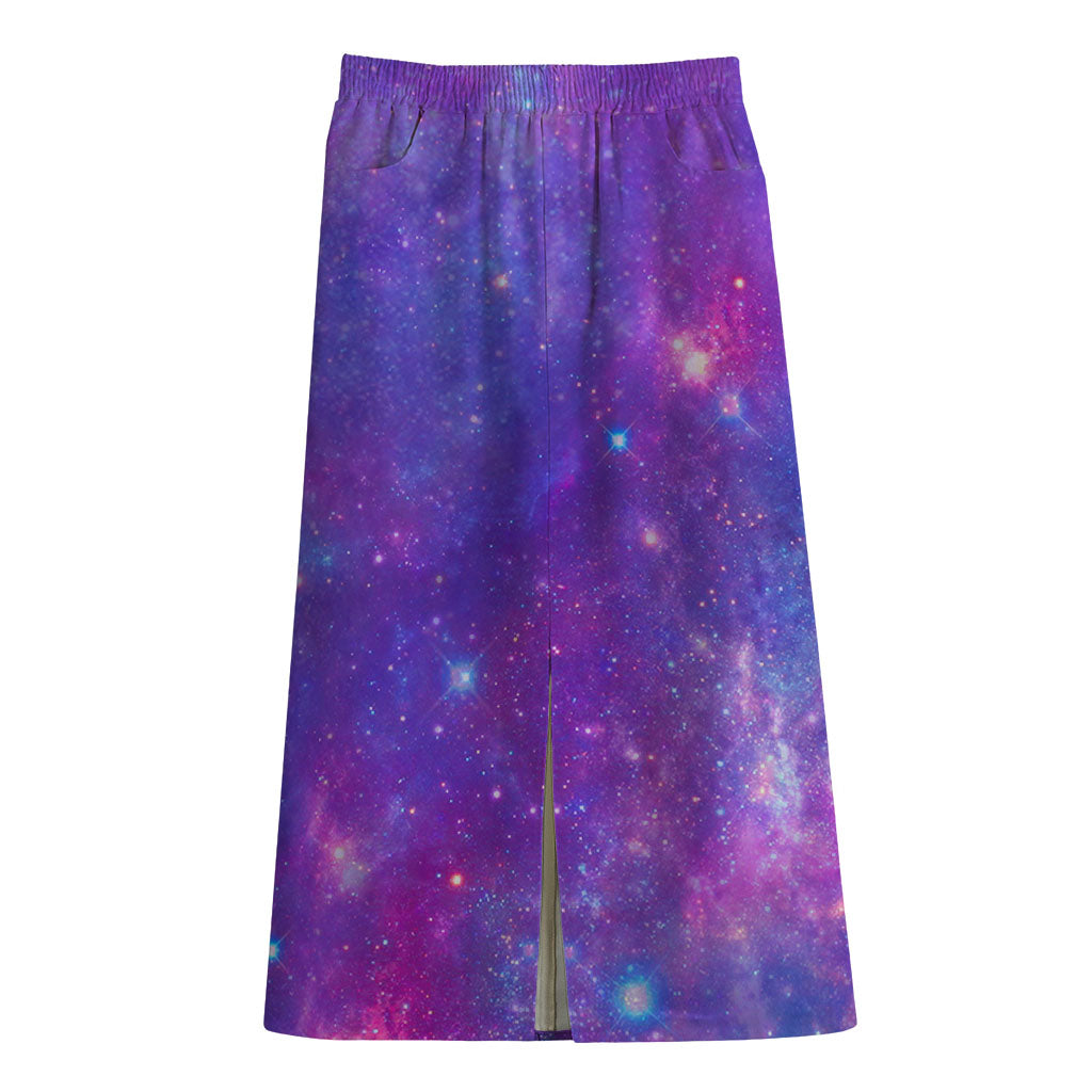 Purple Stardust Cloud Galaxy Space Print Cotton Front Slit Maxi Skirt