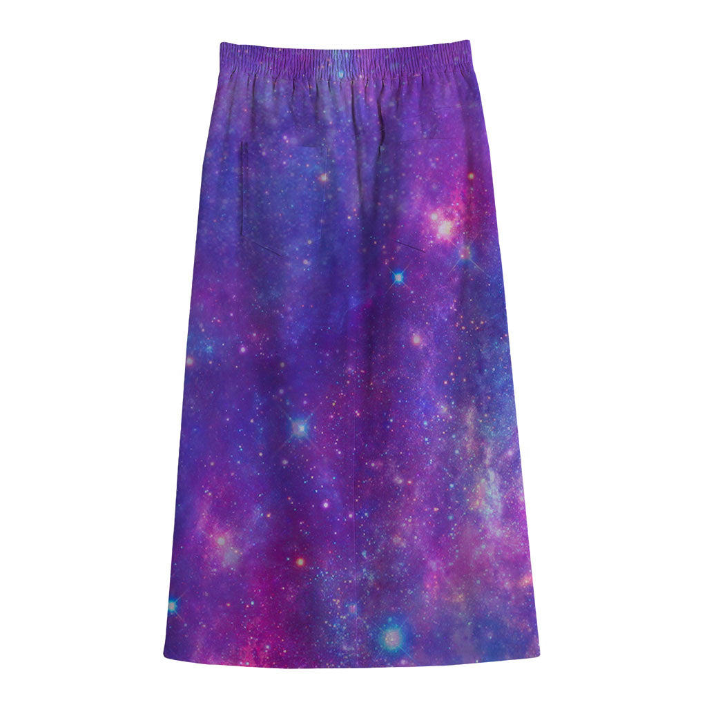 Purple Stardust Cloud Galaxy Space Print Cotton Front Slit Maxi Skirt