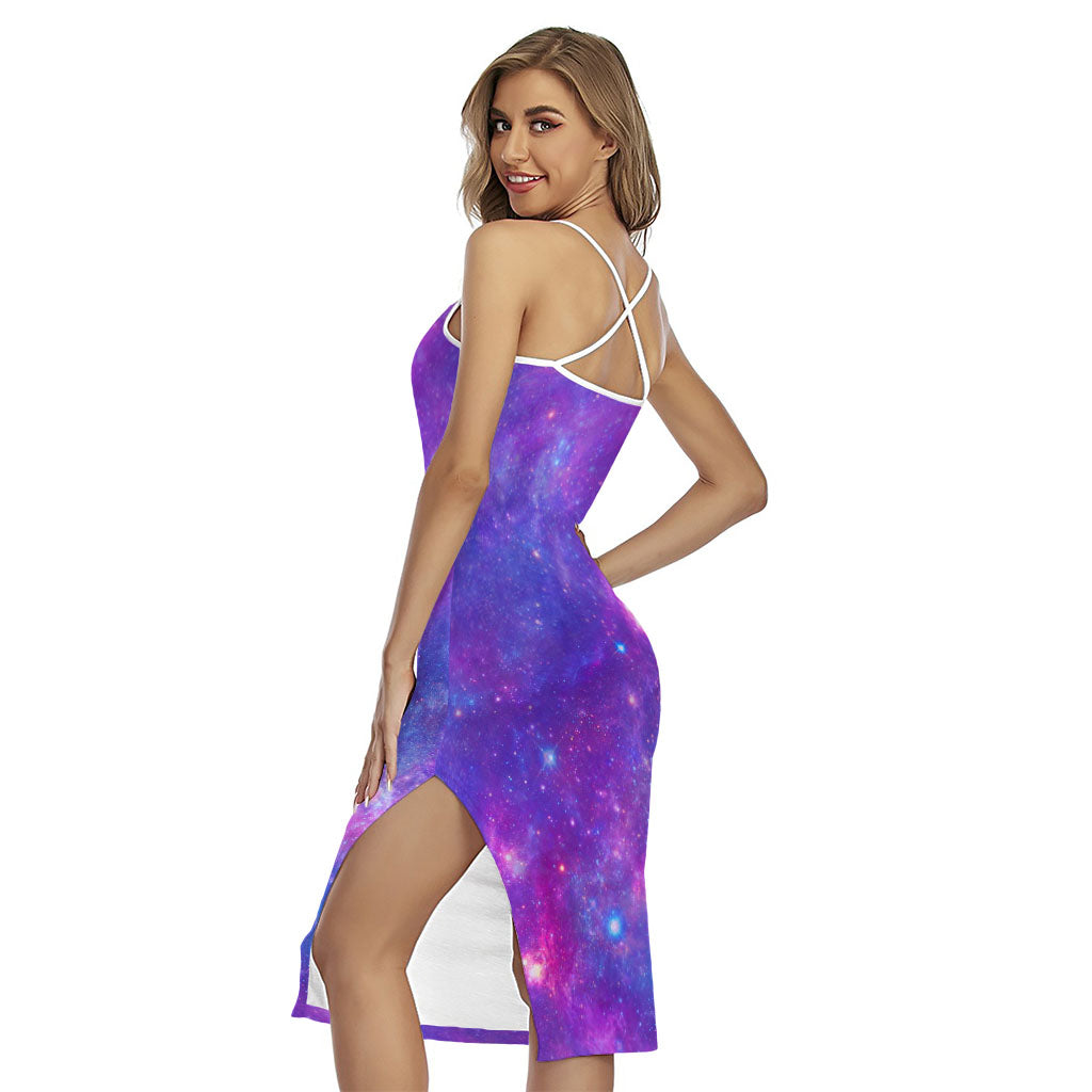 Purple Stardust Cloud Galaxy Space Print Cross Back Cami Dress