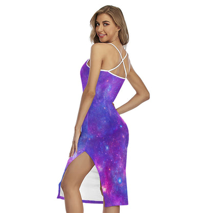 Purple Stardust Cloud Galaxy Space Print Cross Back Cami Dress