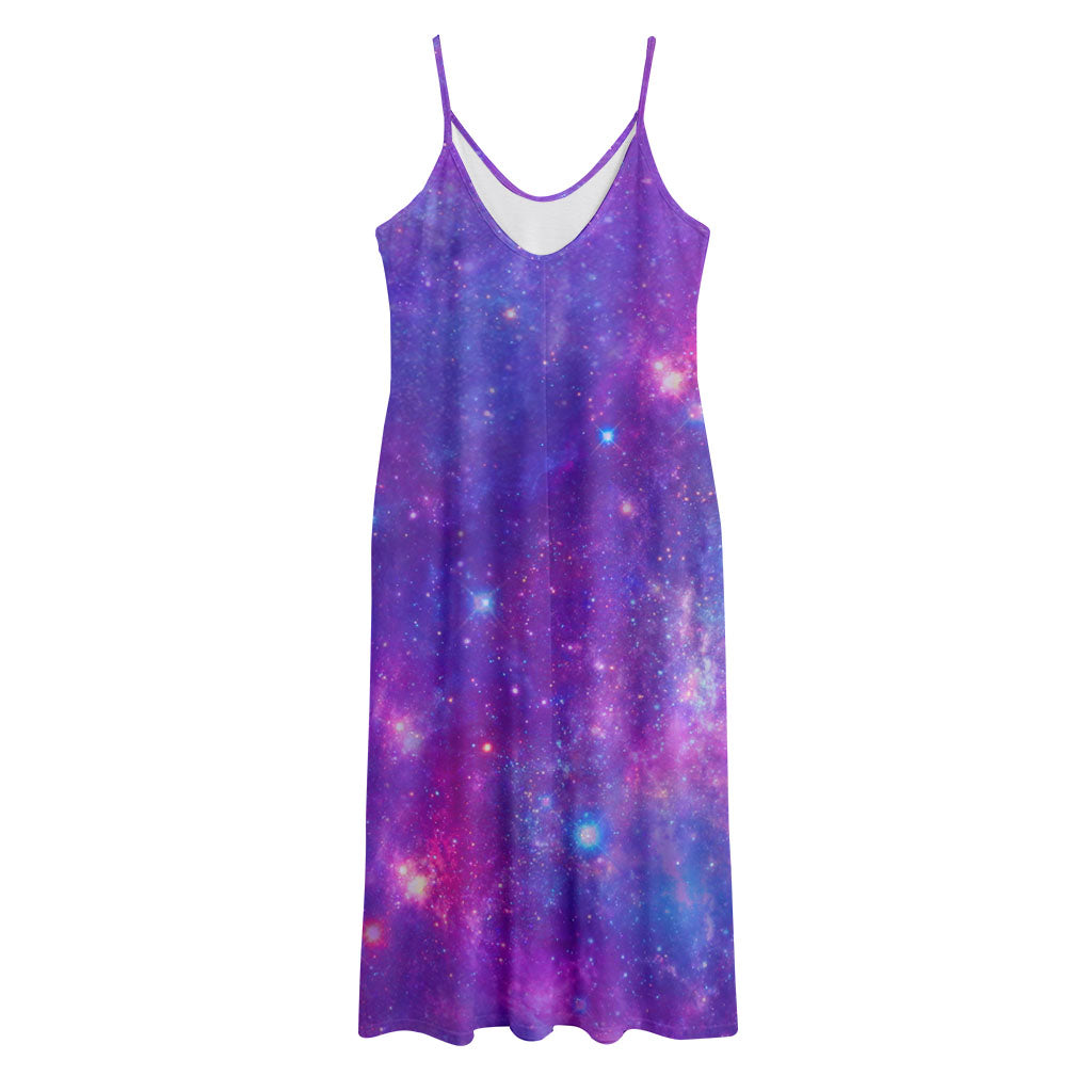 Purple Stardust Cloud Galaxy Space Print Jersey Midi Cami Dress