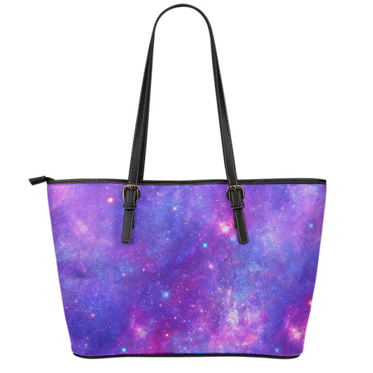 Purple Stardust Cloud Galaxy Space Print Leather Tote Bag