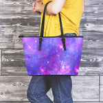 Purple Stardust Cloud Galaxy Space Print Leather Tote Bag