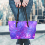 Purple Stardust Cloud Galaxy Space Print Leather Tote Bag