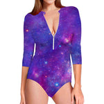 Purple Stardust Cloud Galaxy Space Print Long Sleeve Swimsuit