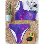 Purple Stardust Cloud Galaxy Space Print One Shoulder Bikini Top