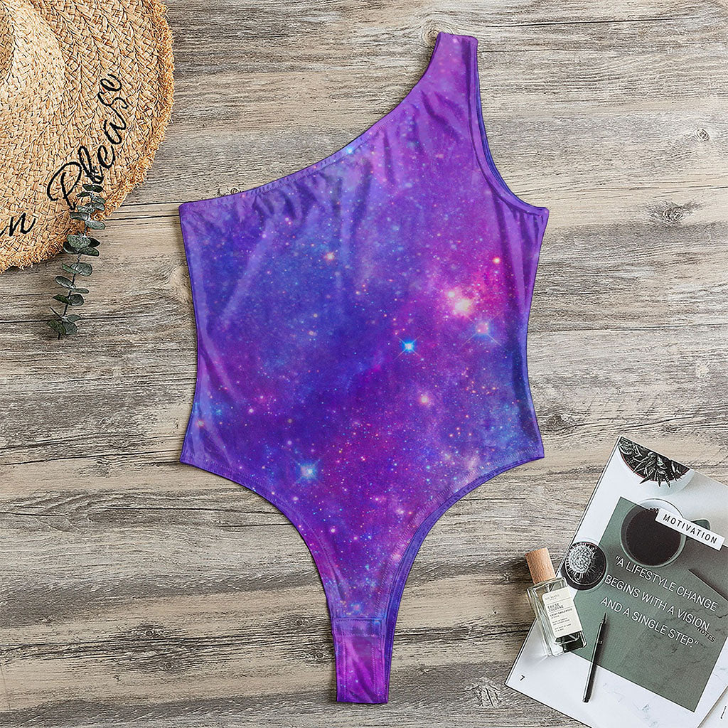 Purple Stardust Cloud Galaxy Space Print One Shoulder Bodysuit