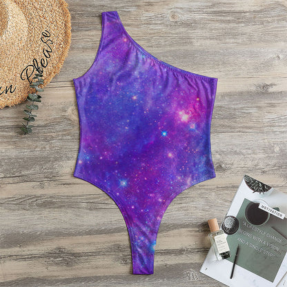 Purple Stardust Cloud Galaxy Space Print One Shoulder Bodysuit