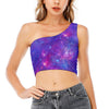 Purple Stardust Cloud Galaxy Space Print One Shoulder Crop Top