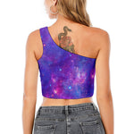 Purple Stardust Cloud Galaxy Space Print One Shoulder Crop Top