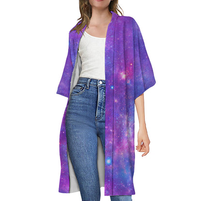 Purple Stardust Cloud Galaxy Space Print Open Front Beach Cover Up