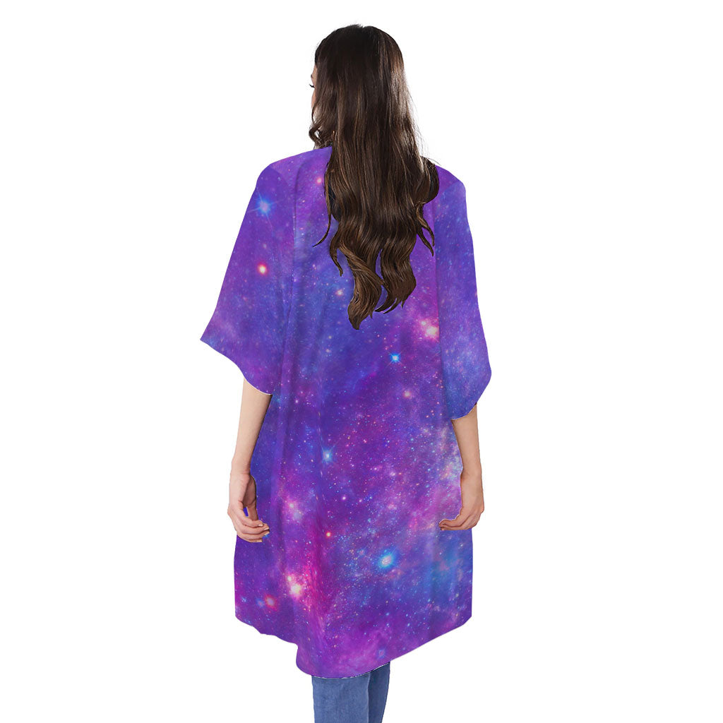 Purple Stardust Cloud Galaxy Space Print Open Front Beach Cover Up