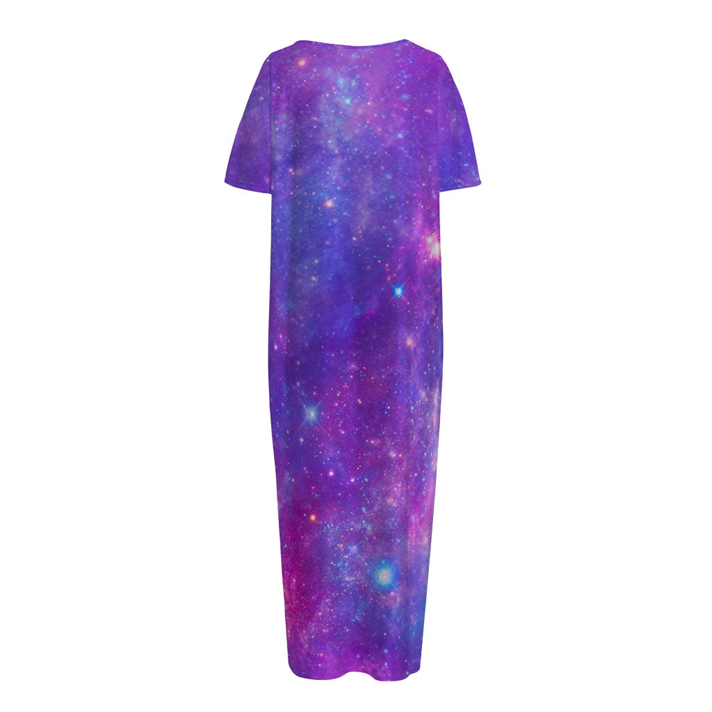 Purple Stardust Cloud Galaxy Space Print Short Sleeve Long Nightdress