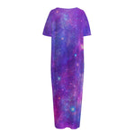 Purple Stardust Cloud Galaxy Space Print Short Sleeve Long Nightdress