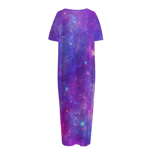 Purple Stardust Cloud Galaxy Space Print Short Sleeve Long Nightdress