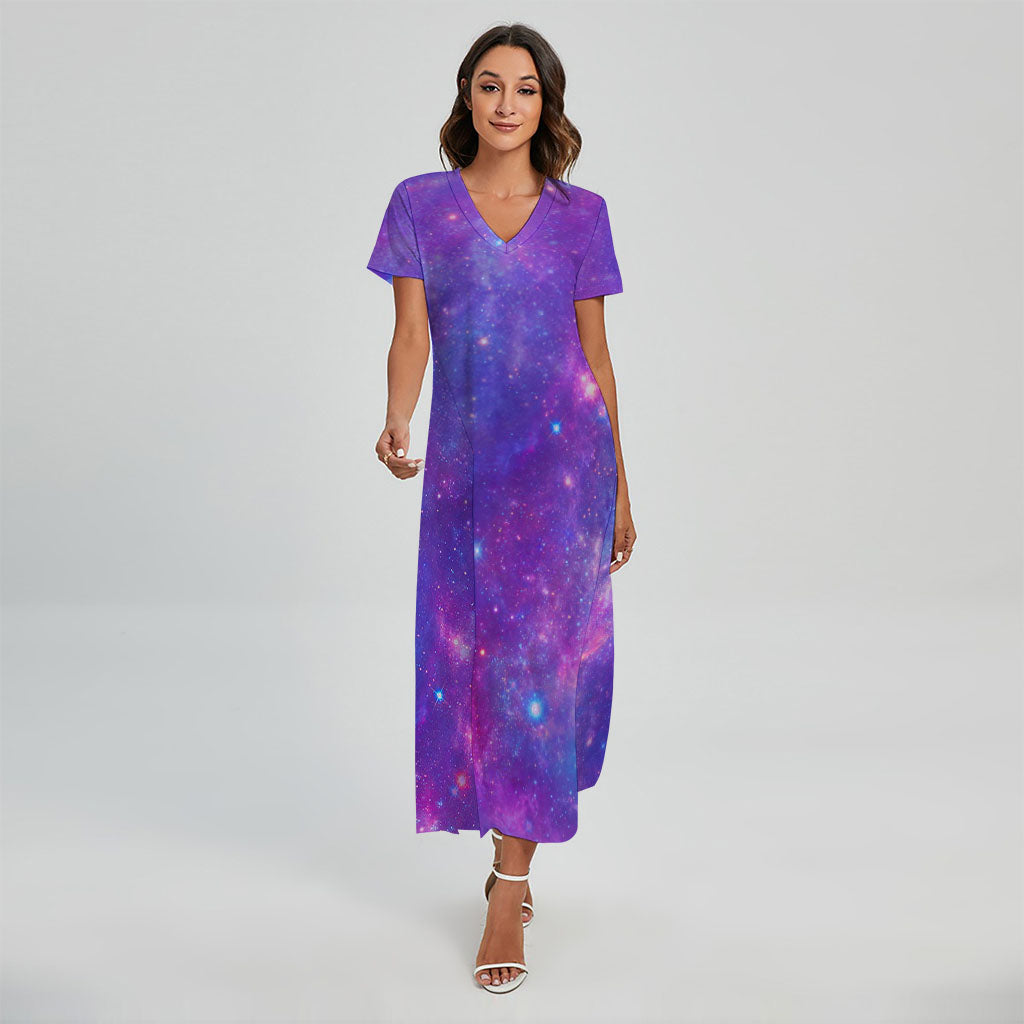 Purple Stardust Cloud Galaxy Space Print Short Sleeve Maxi Dress