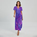 Purple Stardust Cloud Galaxy Space Print Short Sleeve Maxi Dress