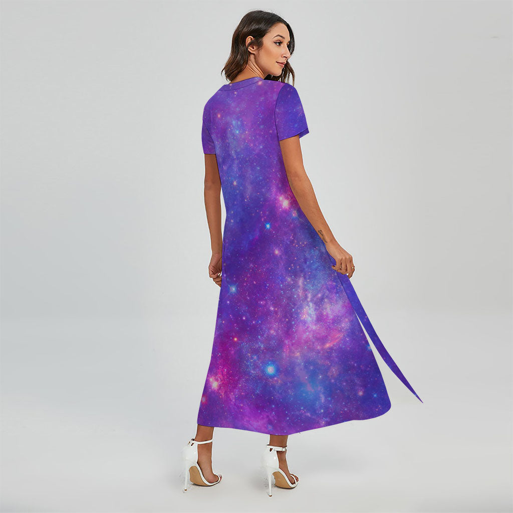 Purple Stardust Cloud Galaxy Space Print Short Sleeve Maxi Dress