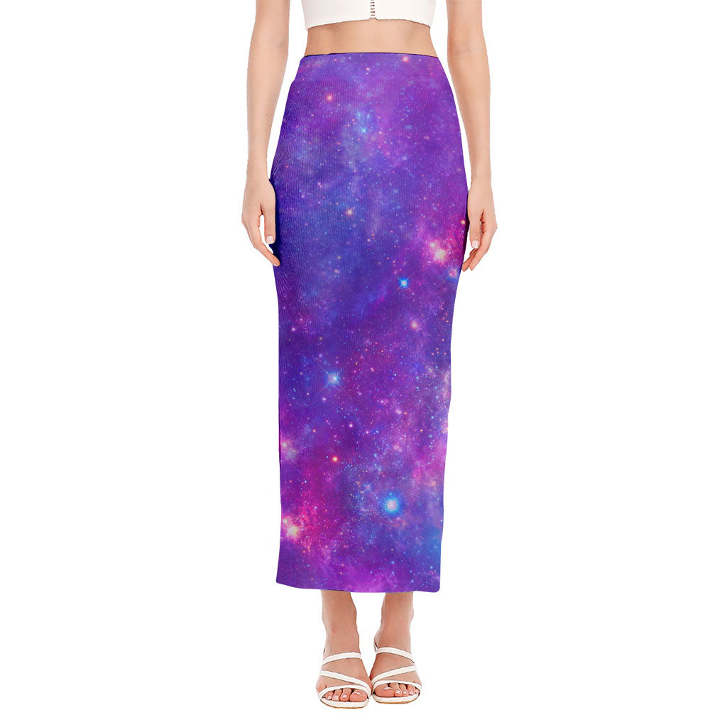 Purple Stardust Cloud Galaxy Space Print Side Slit Maxi Skirt