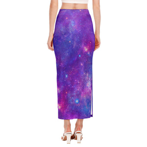 Purple Stardust Cloud Galaxy Space Print Side Slit Maxi Skirt