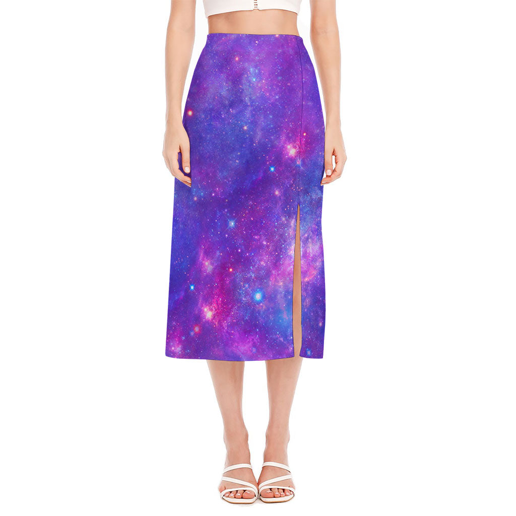 Purple Stardust Cloud Galaxy Space Print Side Slit Midi Skirt