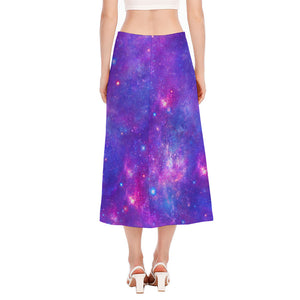 Purple Stardust Cloud Galaxy Space Print Side Slit Midi Skirt