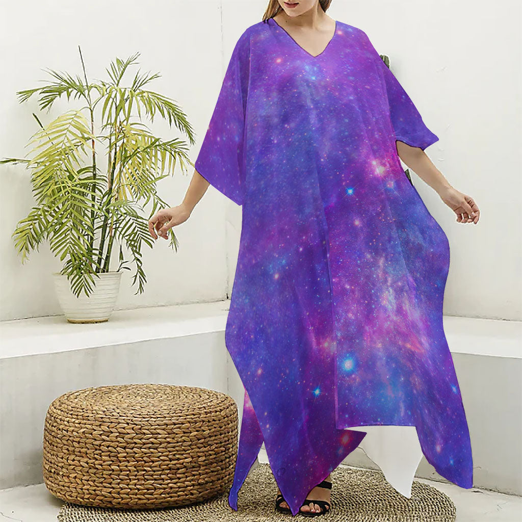 Purple Stardust Cloud Galaxy Space Print Silk V-Neck Kaftan Dress