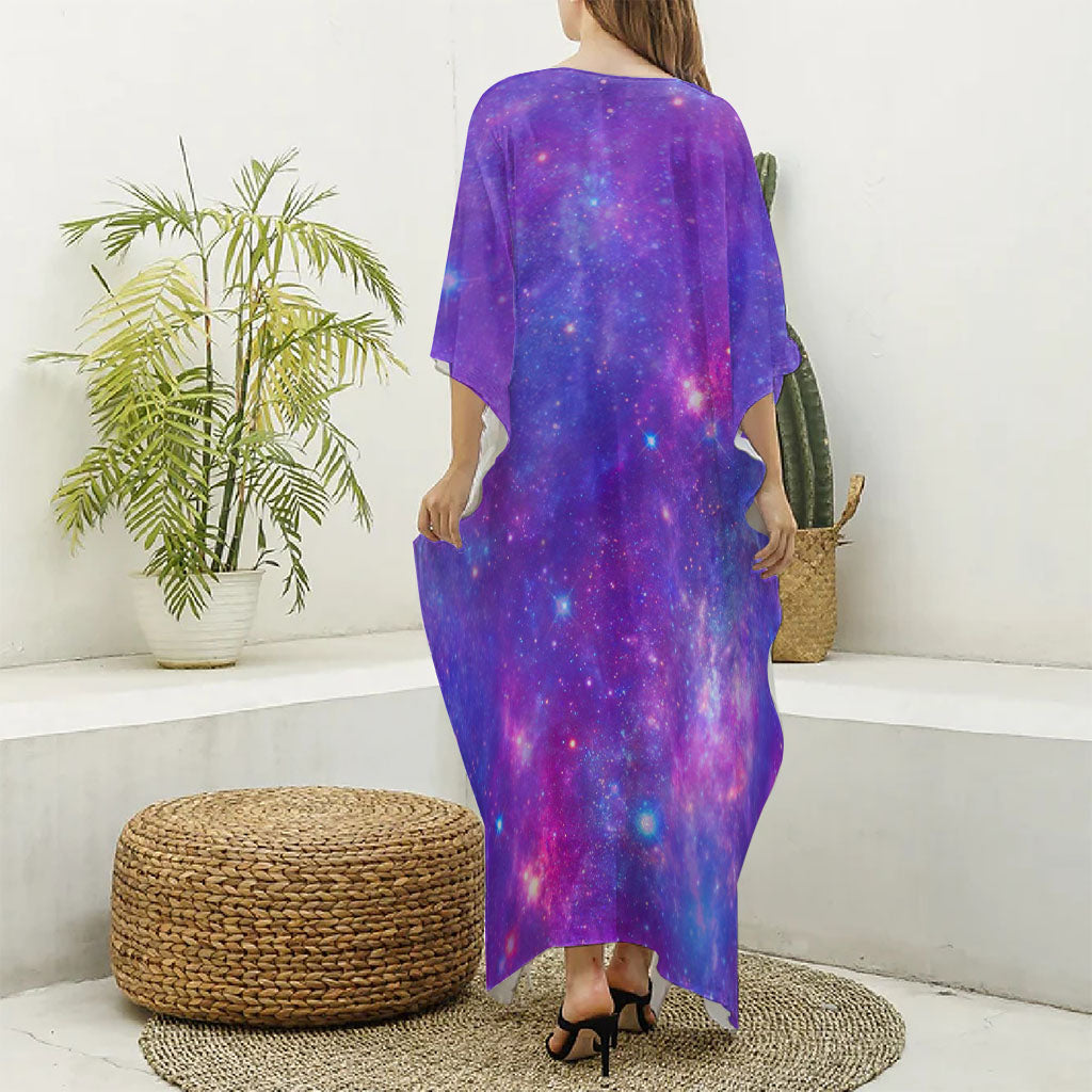 Purple Stardust Cloud Galaxy Space Print Silk V-Neck Kaftan Dress